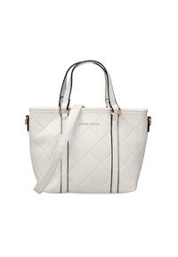 Witte gewatteerde handtas met dubbele zwarte en gouden accenten, voorzien van korte handvatten en een afneembare schouderriem. Gevoerde nepleer.