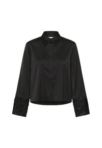 Crna, košulja dugih rukava s krojenim ovratnikom. Sadrži ukrasne akcentne detalje od šljokica na manžetama, usku siluetu i glatku teksturu tkanine.