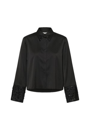 Fekete, hosszú ujjú ing, szabott gallérral. Díszített flitteres részletekkel a mandzsettákon, testhez simuló kialakítással és sima szövet textúrával.