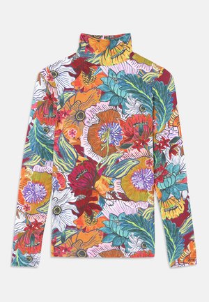 Long-sleeve, high-neck top featuring a vibrant floral pattern with multicolored blooms and green leaves on a white background.