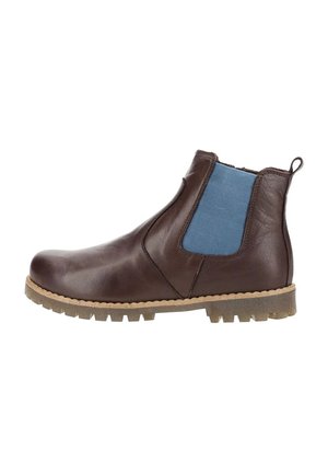 Bottine en cuir marron foncé avec panneau latéral élastique bleu, semelle cousue couleur châtaigne et languette arrière sur fond blanc.