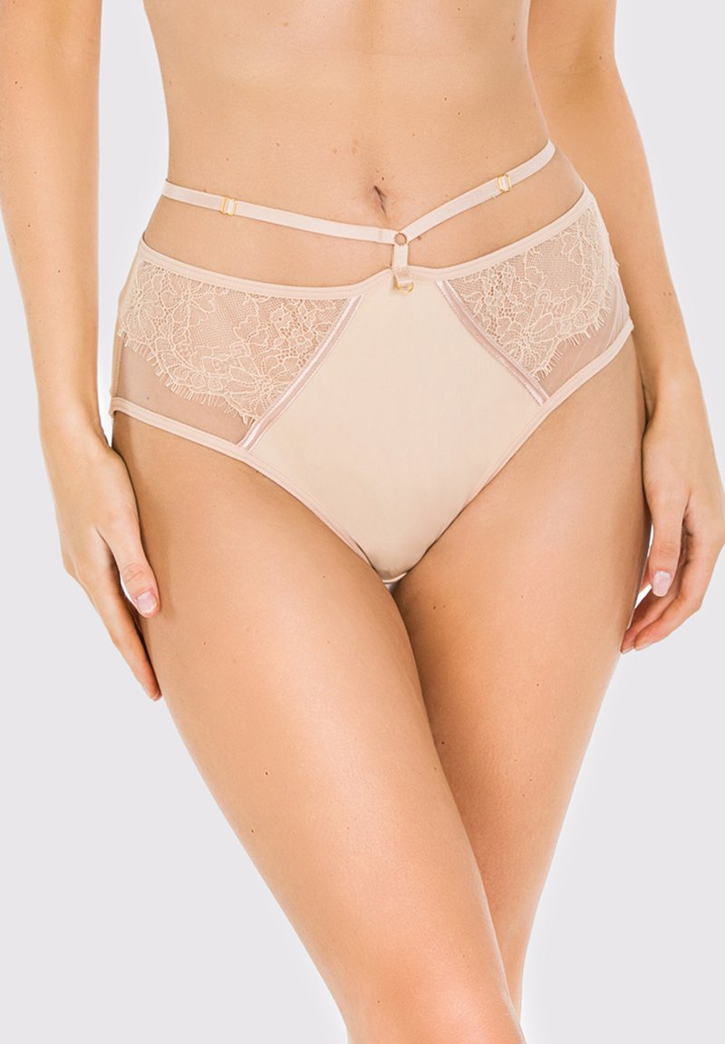 Koronkowe i siateczkowe majtki z wysokim stanem w odcieniu nude, z trójkątnym wzorem, satynowymi akcentami oraz podwójnymi paskami z zapięciem w odcieniu złota.