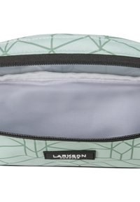 Borsa a zip in tessuto verde menta con motivo geometrico, zip nera e foderatura interna; presenta l'etichetta "LARKSON HANDY" sul lato.