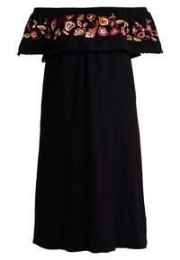Czarna sukienka bez ramiączek z kwiatowym haftem przy dekolcie. Miękka tkanina, kształt w literę A i falbanka zdobiona falbankami.