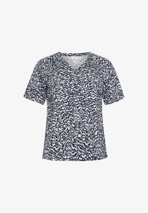 Rövid ujjú, V nyakú felső tengerészkék és fehér absztrakt mintázattal; puha anyagból készült, laza szabású. Nincs rajta zár és díszítés.