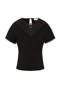 Zwart top met korte mouwen en een kantinzet bij de halslijn, voorzien van een decoratief patroon en pomponrand op de mouwen. Inclusief ritsdetail aan de achterkant.