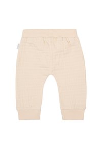 Beige Baumwollhosen mit elastischem Bund und Bündchen, ausgestattet mit einer strukturierten Oberfläche und lockerer Passform. Keine sichtbaren Muster oder Akzente.
