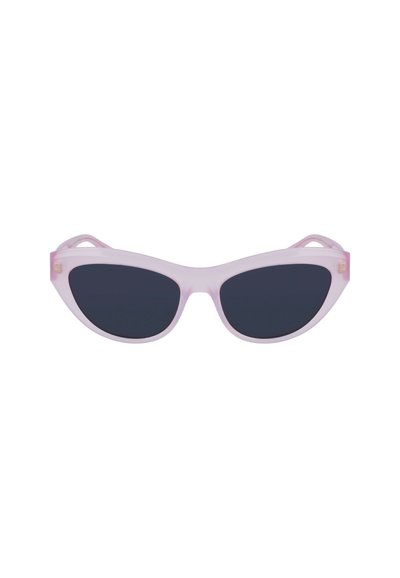 Cat-eye sunglasses with transparent light pink frames and dark blue lenses. Features sleek lines and a smooth texture.