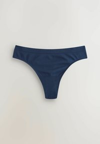 Marineblauwe stringonderbroek van gladde stof met een brede tailleband, voorzien van een minimalistisch ontwerp en naadloze randen voor comfort.