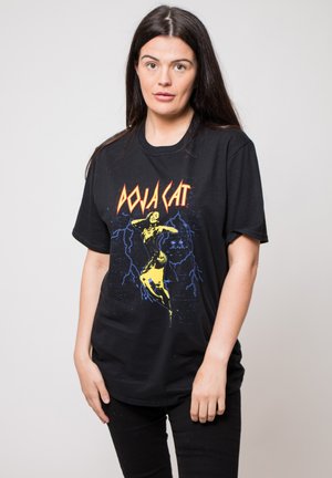 Black t-shirt featuring a graphic design of a figure with yellow accents, surrounded by blue lightning, and the text "DOJA CAT" above.