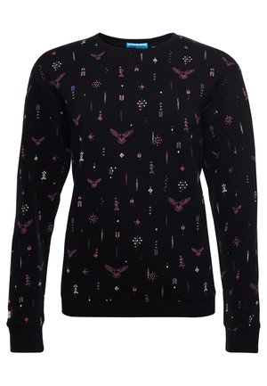 Black long-sleeve sweatshirt with small geometric shapes and purple bird patterns scattered across the fabric.
