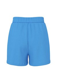 Șorturi din bumbac albastre, cu talie elastică, având o textură netedă și un design simplu, fără modele sau accesorii vizibile.