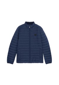 Mörkblå, vadderad jacka med ståkrage, frontdragkedja och två sidfickor. Mjukt, lättviktigt material med en elegant design.