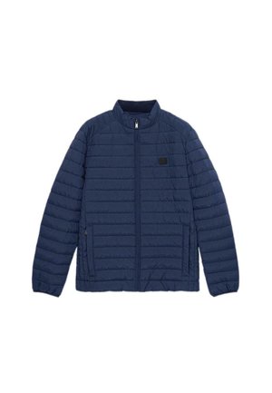 Granatowa, pikowana kurtka z kołnierzem stojącym, zamkiem błyskawicznym z przodu i dwoma bocznymi kieszeniami. Miękki, lekki materiał o eleganckim designie.