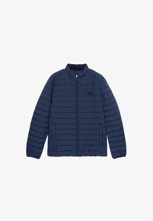 Granatowa, pikowana kurtka z kołnierzem stojącym, zamkiem błyskawicznym z przodu i dwoma bocznymi kieszeniami. Miękki, lekki materiał o eleganckim designie.