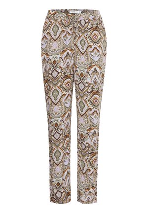 Geprinte broek met een lichte achtergrond, voorzien van ingewikkelde ontwerpen in groen, bruin en roze. Gemaakt van zachte stof met een comfortabele pasvorm.