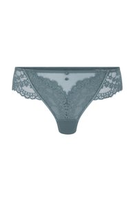 Lace thong in muted teal with semi-transparent mesh, featuring floral patterns, scalloped edges, and decorative buttons on the front.