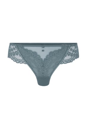 Lace thong in muted teal with semi-transparent mesh, featuring floral patterns, scalloped edges, and decorative buttons on the front.