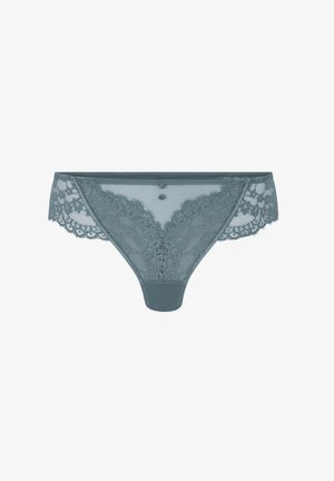 String en dentelle dans un teal atténué avec un mesh semi-transparent, présentant des motifs floraux, des bords festonnés et des boutons décoratifs sur le devant.