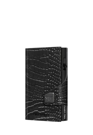 Black wallet with a crocodile texture, slim rectangular shape, metal clasp, and embossed brand logo on the front.