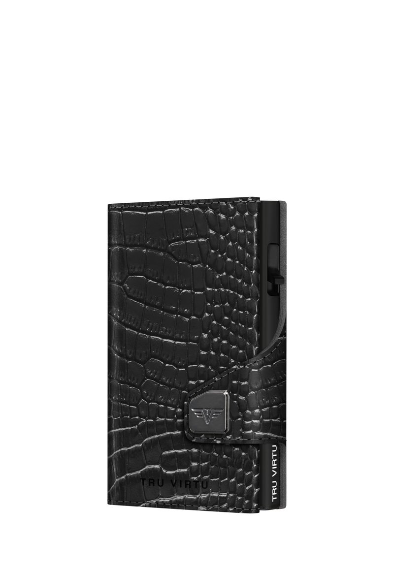 Black wallet with a crocodile texture, slim rectangular shape, metal clasp, and embossed brand logo on the front.