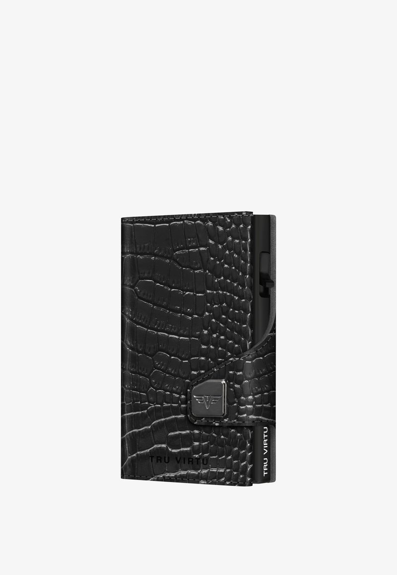 Black wallet with a crocodile texture, slim rectangular shape, metal clasp, and embossed brand logo on the front.