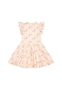 Różowa sukienka z krótkimi falbaniastymi rękawami i rozkloszowanym dołem, z powtarzającym się wzorem kwiatowym w odcieniach czerwieni i zieleni.