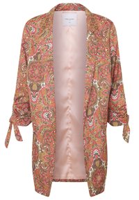 Kimono à motif cachemire floral dans des tons rouges, verts et or vibrants. Tissu léger avec manches  à nouer et doublure lisse à finition satinée.