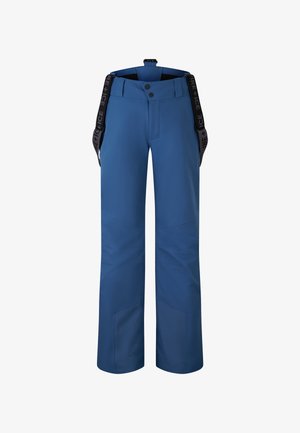 Water-resistant blue ski pants with a straight-leg design, reinforced fabric panels, and adjustable black suspenders featuring logo accents.