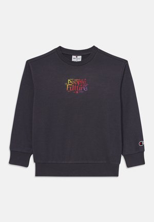 Mörkgrå sweatshirt med rundad hals och långa ärmar. Har flerfärgad text "People of the Future" framtill och en logotyp på ärmen.