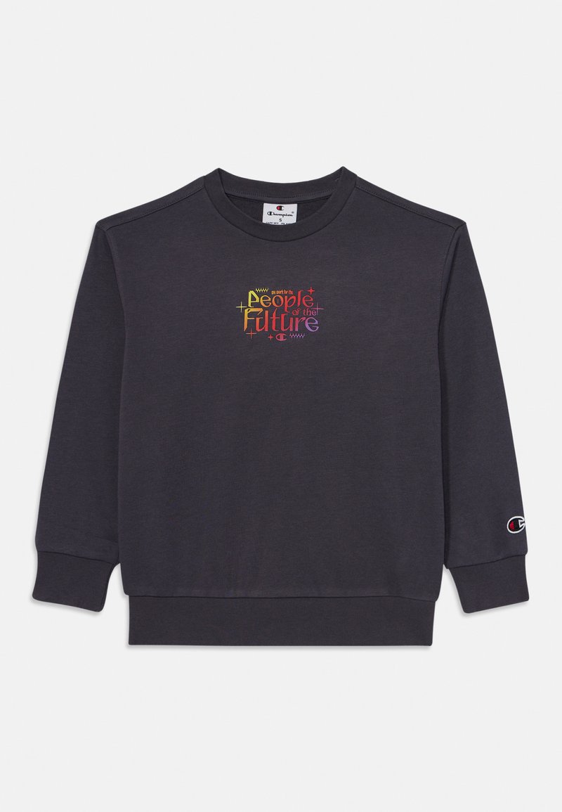 Donkergrijze sweatshirt met ronde hals en lange mouwen. Heeft kleurrijke tekst "People of the Future" op de voorkant en een logo op de mouw.