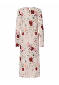 Cvjetna midi haljina od lagane tkanine. Ima duge rukave, nabranu teksturu i pastelnnu pozadinu s crvenim i ružičastim cvjetnim uzorcima.