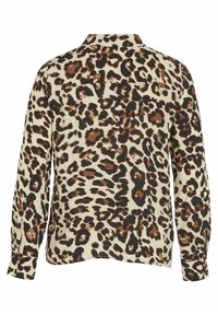 Blouse à imprimé léopard avec un fond beige parsemé de taches brunes et noires, manches longues et col. Tissu lisse avec manches retroussées.