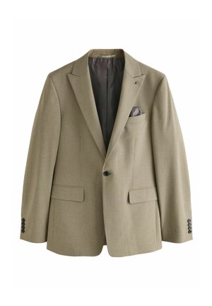 Bežinis švarkas su subtiliomis dryžiais, iškirptais atlapais, priekinėmis kišenėmis ir kišeniu, kuriame yra nosinaitė; turi juodus mygtukus ir pamušalą.