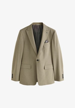 Beige blejzr s jemnými pruhy, klopami, předními kapsami a kapesníčkem; obsahuje černé knoflíky a podšívku.