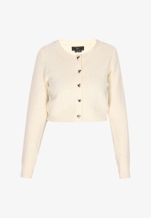 Rövidített elefántcsont színű kardigán hosszú ujjakkal, kerek nyakkivágással és szív alakú ezüst gombokkal az elülső részén. Texturált kötött anyag.