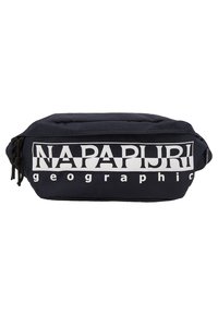 Marsupio rettangolare blu navy con lacci neri, caratterizzato da un grande logo bianco "NAPAPIJRI geographic" sul davanti.