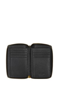 Black leather wallet with a zipper closure, featuring multiple card slots and a textured surface. Gold hardware accent on the zipper.