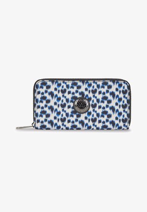 Zippered wallet with a blue and black leopard print on a white background, featuring a circular metallic logo on the front.