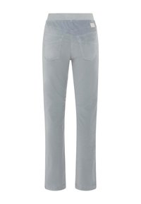 Lichtgrijze, rechte broek met een rekbare tailleband, twee achterzakken en een gladde textuur. Geen zichtbare hardware of patronen.