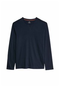 Maglietta a maniche lunghe navy in morbido cotone. Presenta un colletto a girocollo e una vestibilità leggermente rilassata con un dettaglio di punto croce sul collo.