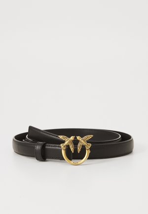 Black leather belt with a slim design, featuring a gold metal buckle shaped like two birds. The belt is flexible with a smooth texture.