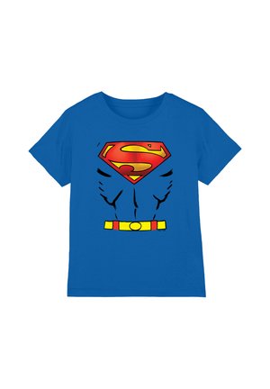 Blue short-sleeve shirt with a printed muscular chest, Superman logo, and yellow superhero belt design on the front.