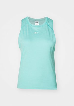 Svetle tyrkysový sportovní top na ramínka s kulatým výstřihem, bez rukávů a jemnou texturou, na přední straně s malým logem.
