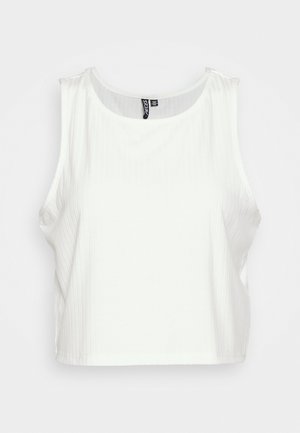 Haut court blanc sans manches avec encolure ronde et texture plissée verticale subtile sur les côtés, présenté sur un fond uni.