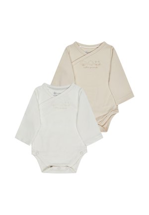 Two long-sleeve bodysuits in soft beige and white cotton, featuring snap closures and delicate animal-themed embroidery on the front.