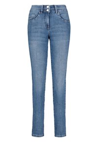 Jeans de mezclilla azul con corte ajustado, cintura media, dos bolsillos frontales, cierres de botón y detalles mínimos de desgaste en la tela.