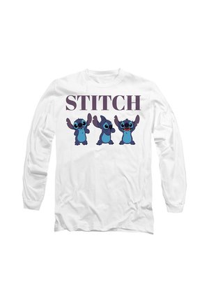 White long-sleeve shirt with the word "STITCH" and three cartoon characters of Stitch in different playful poses on the front.