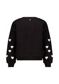 Zwarte sweatshirt met witte geborduurde harten langs de mouwen, geribbelde manchetten en een ronde hals. Zachte, gestructureerde stof.