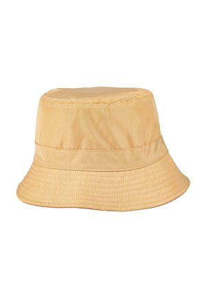 Sombrero tipo cubo amarillo hecho de tela suave, con una corona redonda y un ala ancha que se inclina hacia abajo, con detalles de costuras alrededor de la banda.